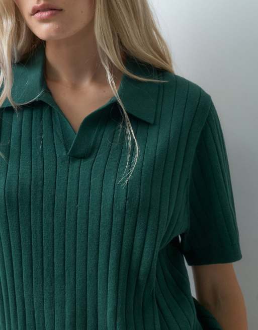 GAP ribbed johnny collar knitted polo in dark green, 3 of 4