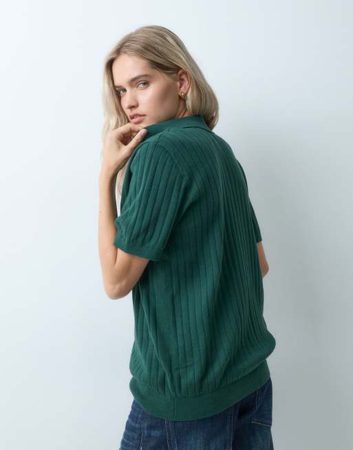 GAP ribbed johnny collar knitted polo in dark green, 4 of 4