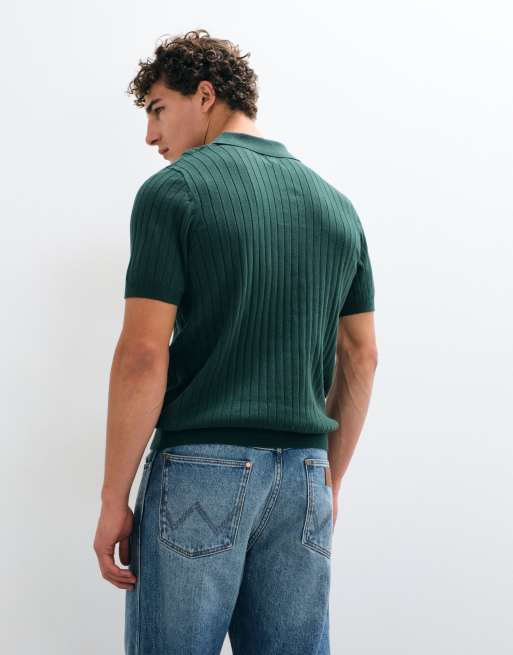 GAP ribbed johnny collar knitted polo in dark green, 5 of 5