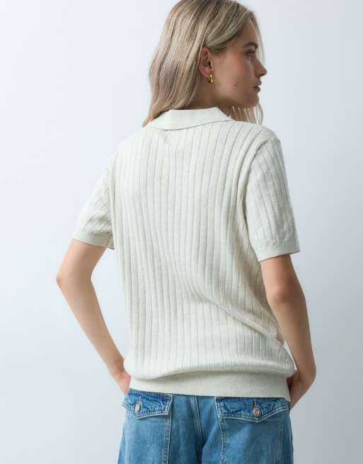 GAP ribbed johnny collar knitted polo in light grey, 4 of 4