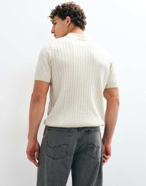 GAP ribbed johnny collar knitted polo in light grey, 5 of 5