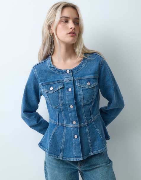 GAP scoop neck peplum denim jacket in mid blue wash - view 1