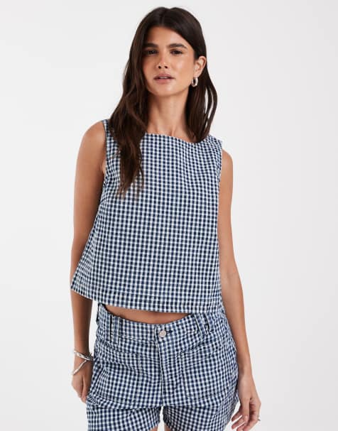 GAP seersucker denim crop top co-ord in navy gingham - view 1