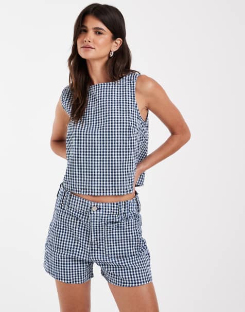 GAP seersucker denim mom shorts co-ord in navy gingham - view 1