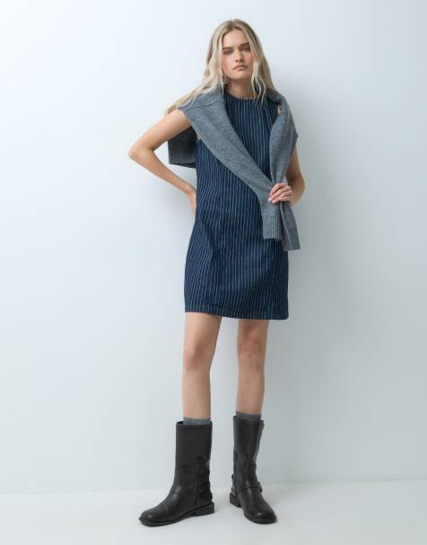 GAP sleeveless suede mini dress in dark wash stripe - view 1