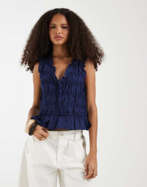 GAP sleeveless tie front blouse with ruffle detail in navy