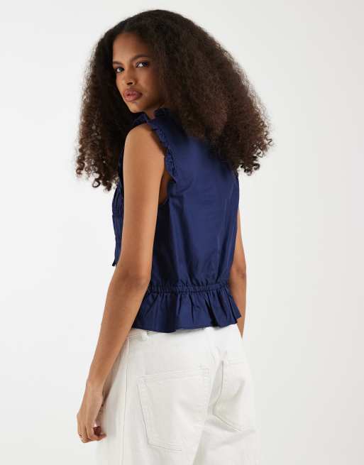 GAP sleeveless tie front blouse with ruffle detail in navy, 3 of 4