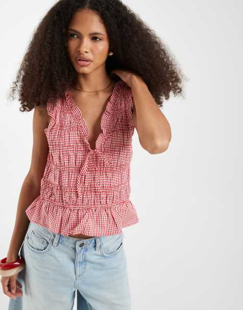 GAP sleeveless tie front blouse with ruffle detail in red gingham - view 1