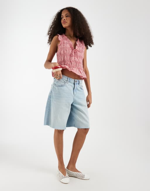 GAP sleeveless tie front blouse with ruffle detail in red gingham, 2 of 4