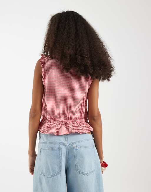 GAP sleeveless tie front blouse with ruffle detail in red gingham, 4 of 4