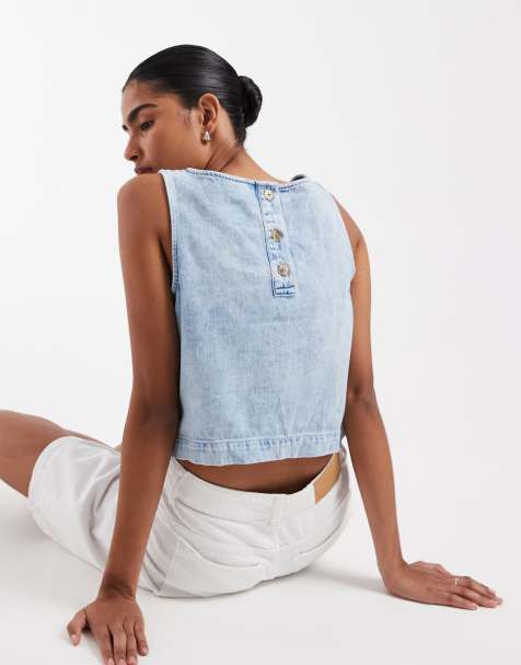 Gap square neck denim top in light blue 