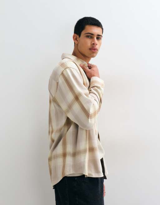 GAP sunwashed twill checked shirt in cream, 4 of 5