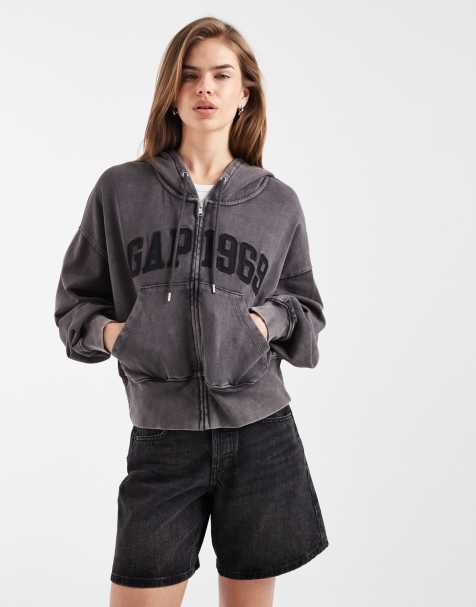 GAP terry oversized cropped logo hoodie in washed charcoal - view 1