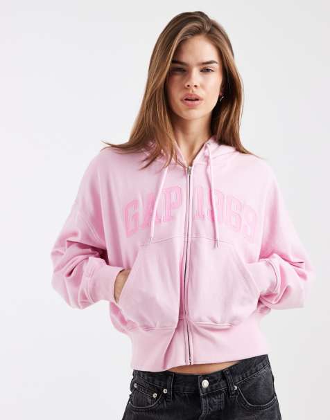 GAP terry oversized cropped logo hoodie in washed pink - view 1