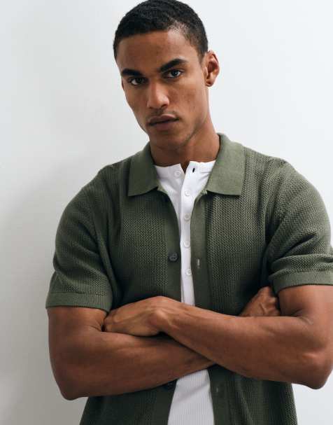 GAP textured button through polo shirt in khaki green