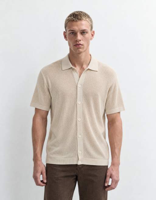 GAP textured button through polo shirt in stone beige, 10 of 10