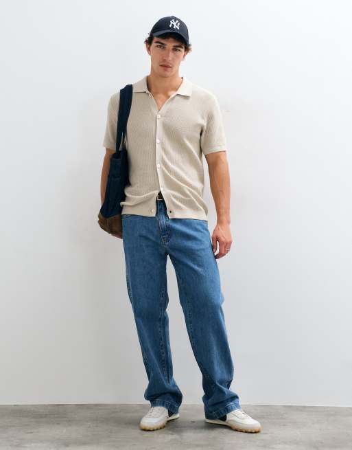 GAP textured button through polo shirt in stone beige, 3 of 5
