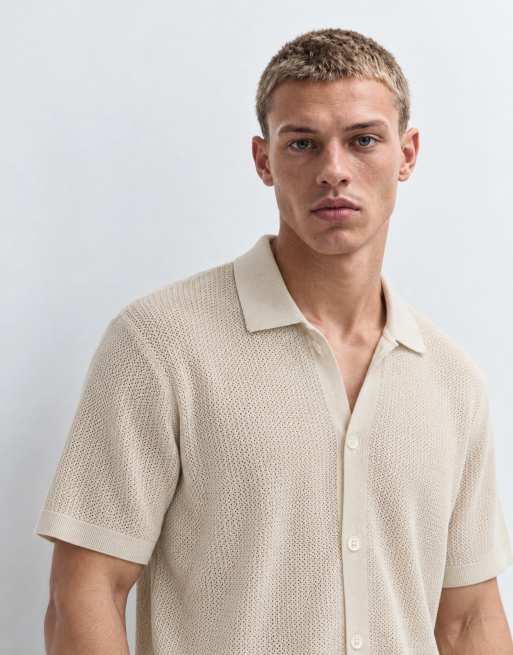 GAP textured button through polo shirt in stone beige, 8 of 10