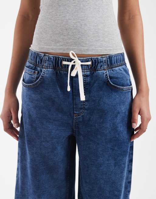 GAP tie waist drawstring wide leg jeans in indigo blue, 4 of 5