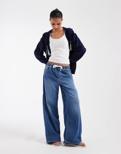 GAP tie waist drawstring wide leg jeans in mid blue