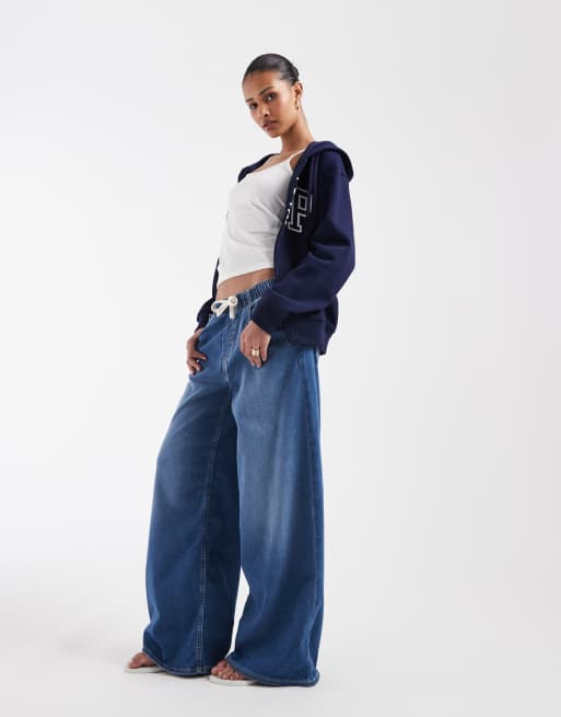 GAP tie waist drawstring wide leg jeans in mid blue, 2 of 5