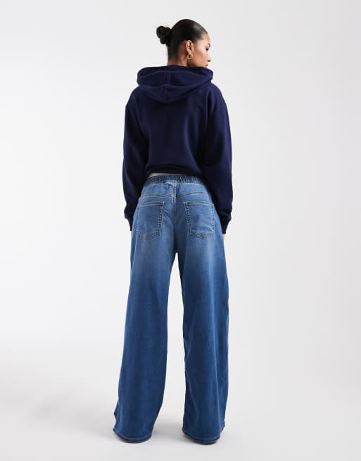 GAP tie waist drawstring wide leg jeans in mid blue, 3 of 5