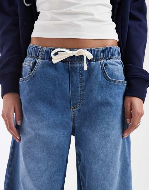 GAP tie waist drawstring wide leg jeans in mid blue, 5 of 5