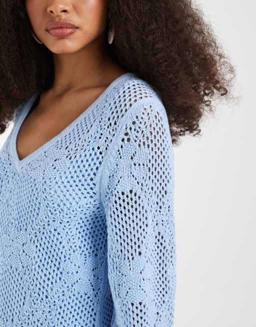 GAP V-neck pointelle mini dress in light blue, 3 of 4