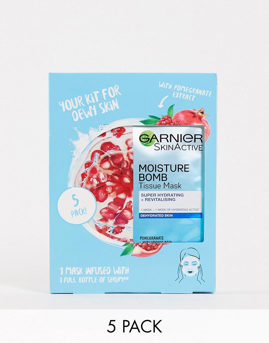 Garnier - Moisture Bomb - Confezione da 5 maschere viso idratanti in fogli al melograno per pelli disidratate 160 g-Nessun colore