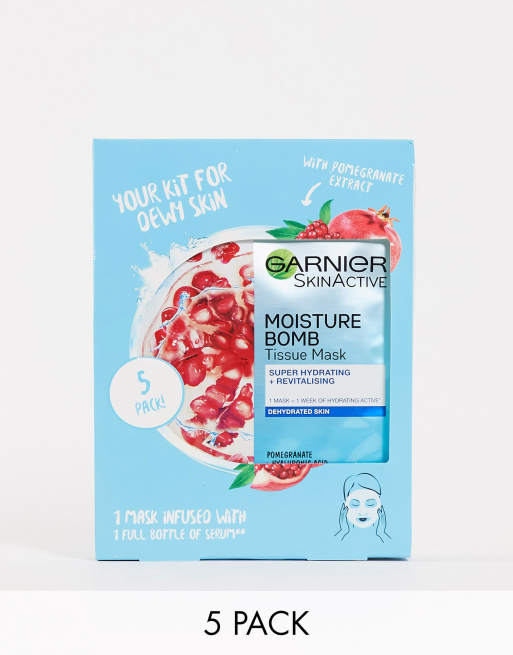 Scenario Belichamen Wat is er mis Garnier - Moisture Bomb - Hydraterend gezichtsmaskervel met granaatappel  voor de droge huid (set van 5) | ASOS