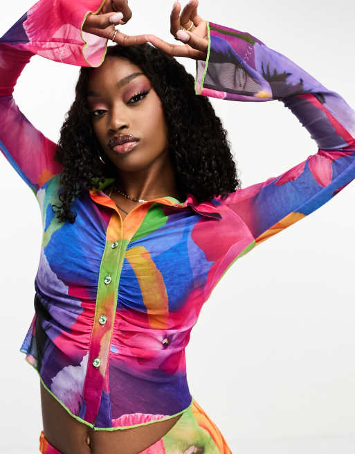 Gbemi Joselle mesh ruched shirt in graphic floral - part of a set