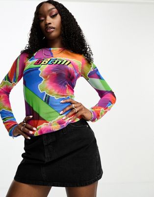 Gbemi mesh embroidered logo top in graphic flower print