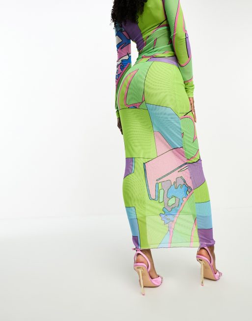 Gbemi mesh maxi skirt co-ord in green graphic print, 4 of 4