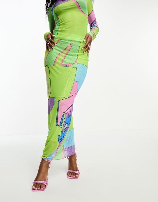 Gbemi mesh maxi skirt in green graphic print (part of a set), 3 of 4