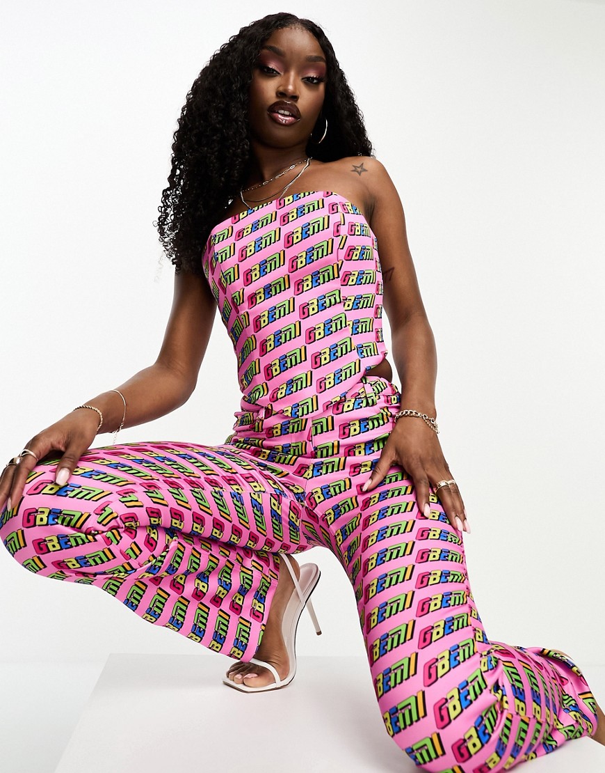Gbemi satin bandeau corset top co-ord in all over pink logo print-Multi