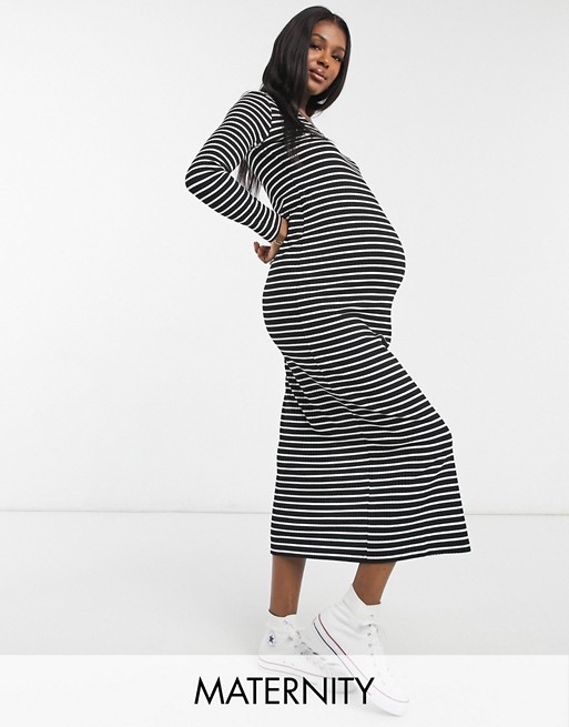Gebe Maternity long sleeve maxi dress in black stripe