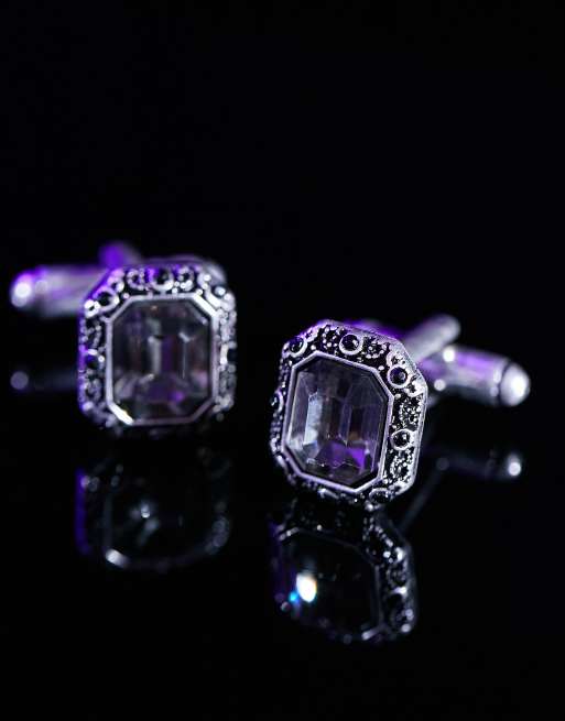 Gemelos plateados con gemas y cristales negros de ASOS DESIGN