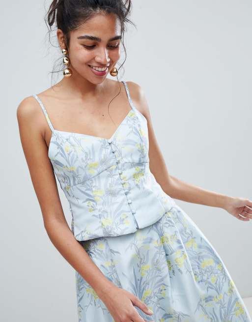 Gennemknappet cami-top i jacquardvævet blomsterprint og nederdel fra Oasis - Del af sæt, 2 af 3