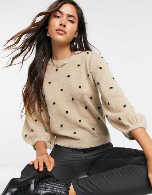 Gestuz Astan Puff Sleeve Polka Dot Jumper In Cream Faoswalim