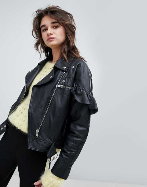 Gestuz Leather Jacket With Frill Sleeve Detail