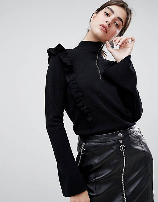 Gestuz – Mathilde – Pullover aus Wollmischung mit Rüschenschultern und rundem Reißverschluss-Zipper