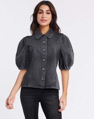 denim shirt puff sleeve