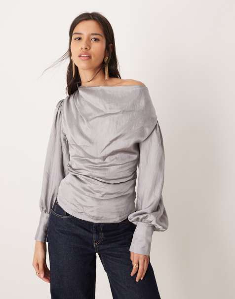 Ghospell Ainsley balloon sleeve cowl neck top in metallic grey - view 1