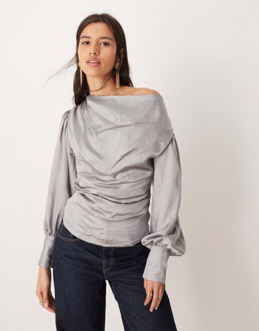 Ghospell Ainsley cowl front top in silver gray