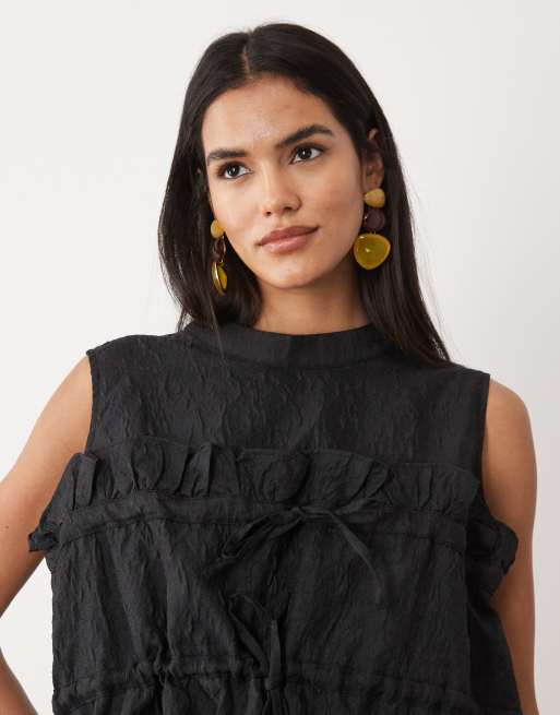 Ghospell Amina sleeveless bow detail ruched mini dress in black, 3 of 4