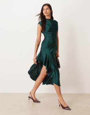 Ghospell Ghospell satin high neck ruffle trim thigh split midi dress in emerald green