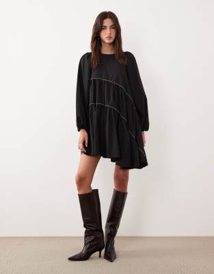 Ghospell Angela Cotton Blend Beaded Trim Asymmetric Hem Mini Dress In Black