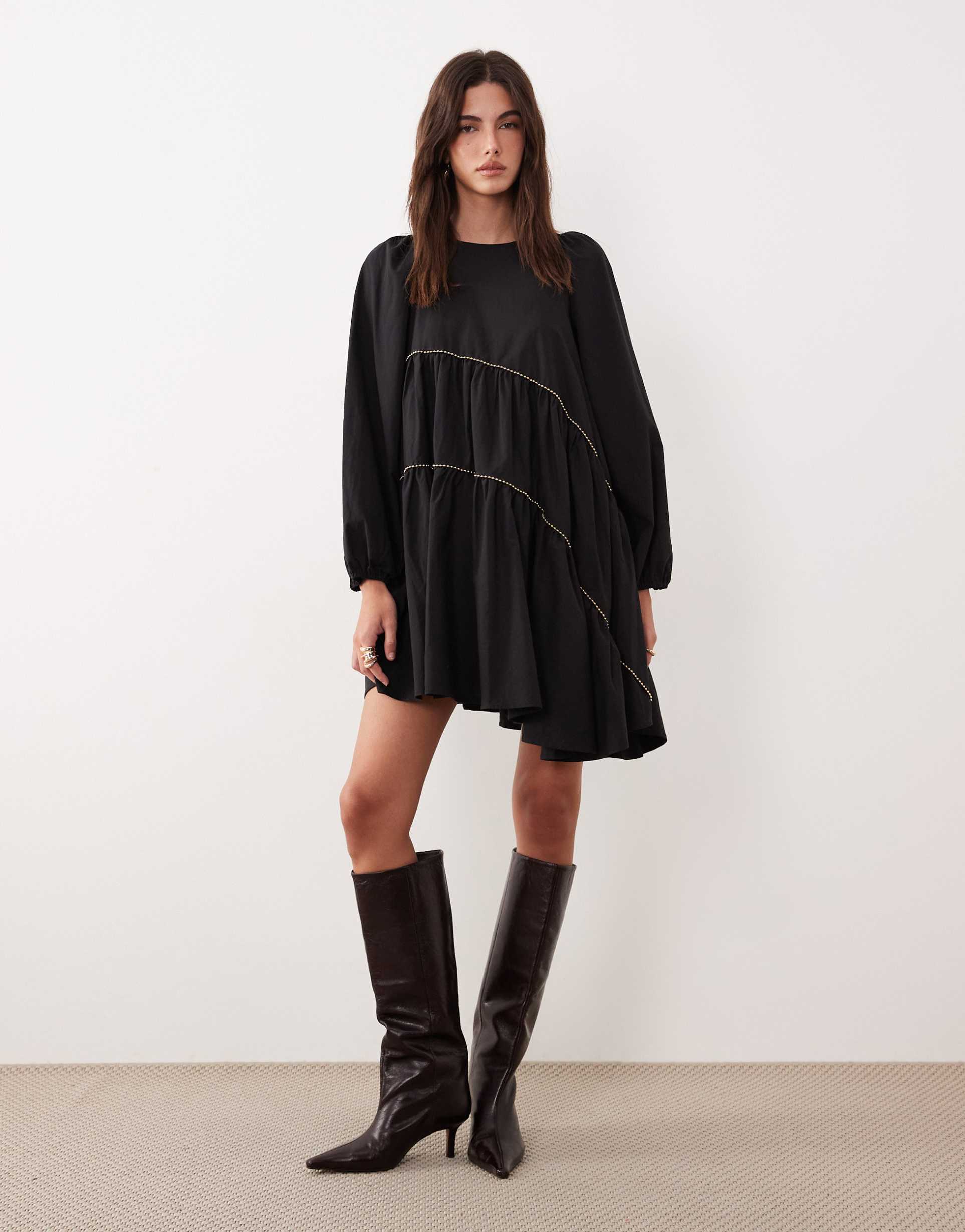 ghospell angela cotton blend beaded trim asymmetric hem mini dress in black