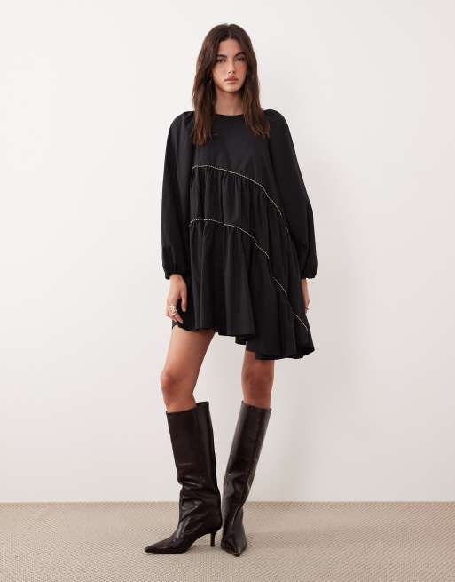 Ghospell - Angela - Mini-jurk van katoenmix met kraaltjes en asymmetrische zoom in zwart