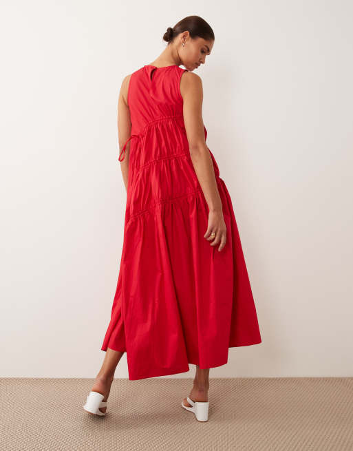 Ghospell – Ärmelloses Midikleid in Rot mit Tunnelzug-Detail und Raffung, 3 von 4